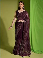 Amazing Maroon Sequins Georgette Party Wear Saree With Blouse
