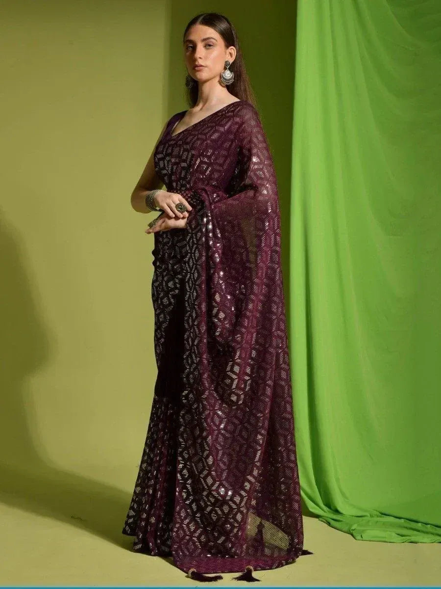 Elegant purple sequin saree with geometric pattern, perfect for Indian ethnic wear occasions