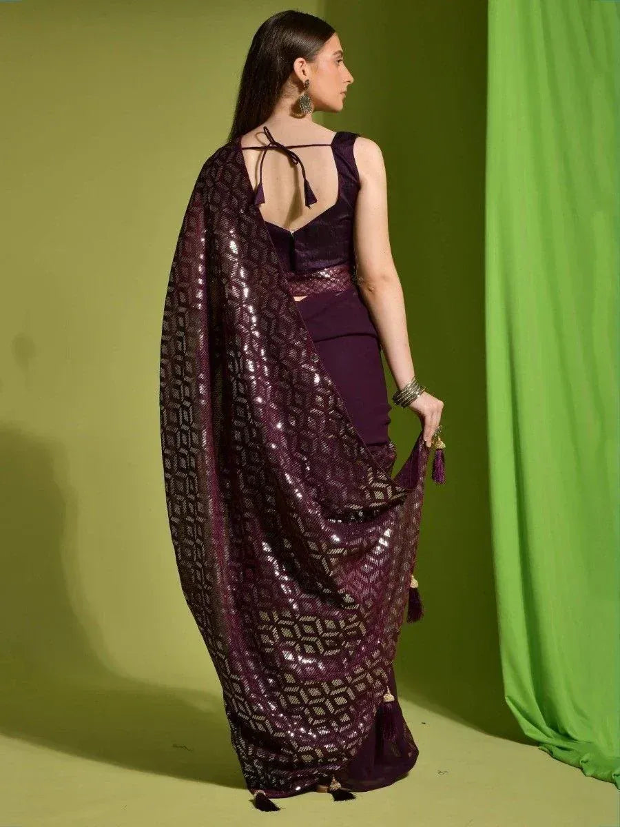 Purple sequin saree with geometric pattern, backless blouse, tassel details, ethnic wear