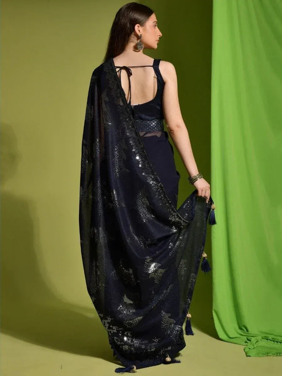 Navy blue sequin saree with tassels, back view, ethnic wear for women
