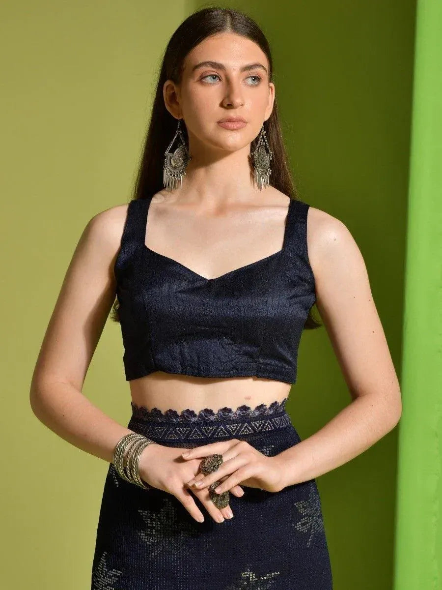Navy blue ethnic crop top with matching skirt, perfect for Indian festive wear and designer lehenga choli looks.