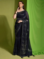 Marvelous Navy Blue Sequins Georgette Reception Wear Saree