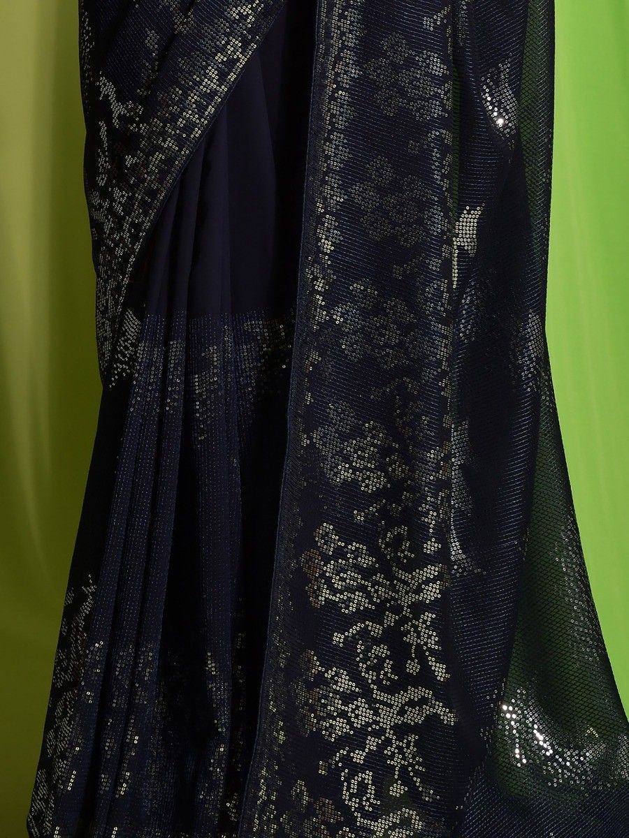 Navy blue saree with gold sequin floral embroidery, elegant Indian ethnic wear for festive occasions
