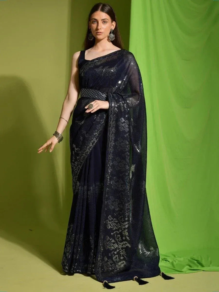 Navy blue sequin saree with sheer pallu, ethnic wear for women