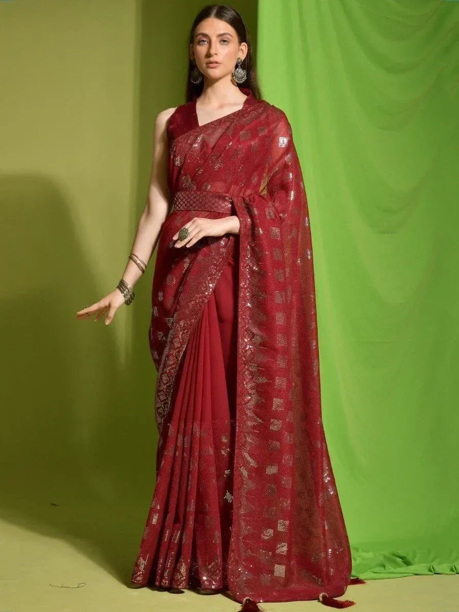 Maroon designer saree with gold sequin work, perfect for ethnic occasions and festive wear