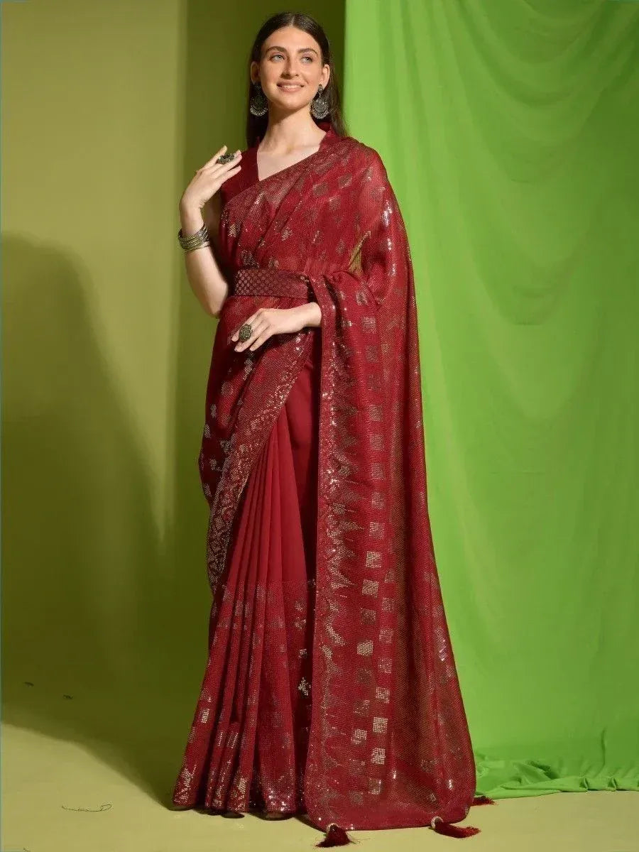 Elegant maroon saree with gold embroidery, perfect for Indian ethnic wear and festive occasions.