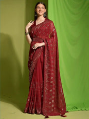 Wonderful Red Sequins Georgette Cocktail Party Wear Saree