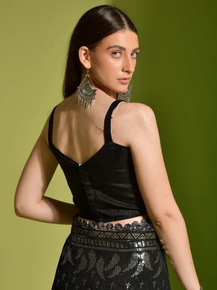Black velvet crop top with lace trim skirt, ethnic wear for women, stylish Indian fashion