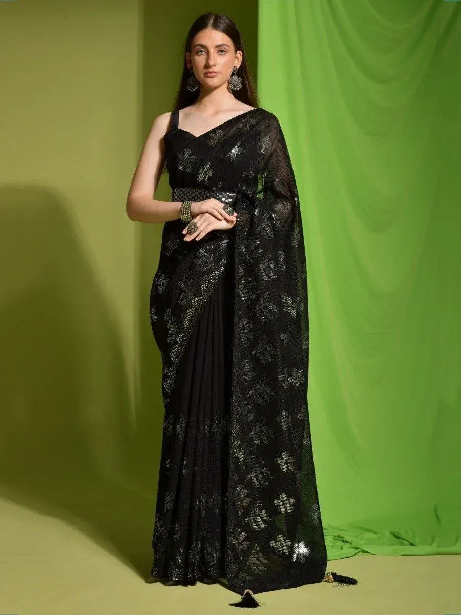 Black floral sequin saree with sheer pallu, elegant ethnic wear for women
