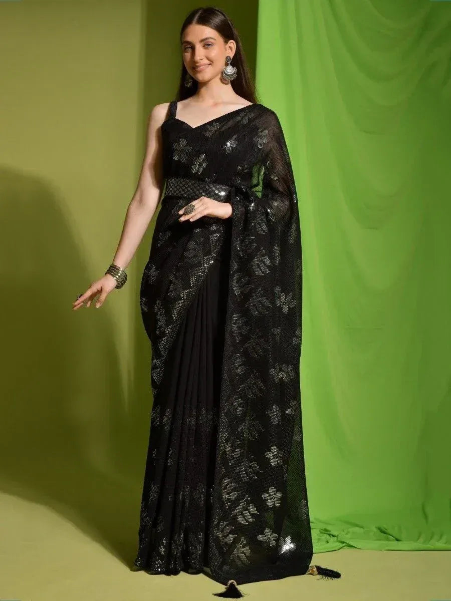 Black embroidered saree with sequin work, stylish ethnic wear for women