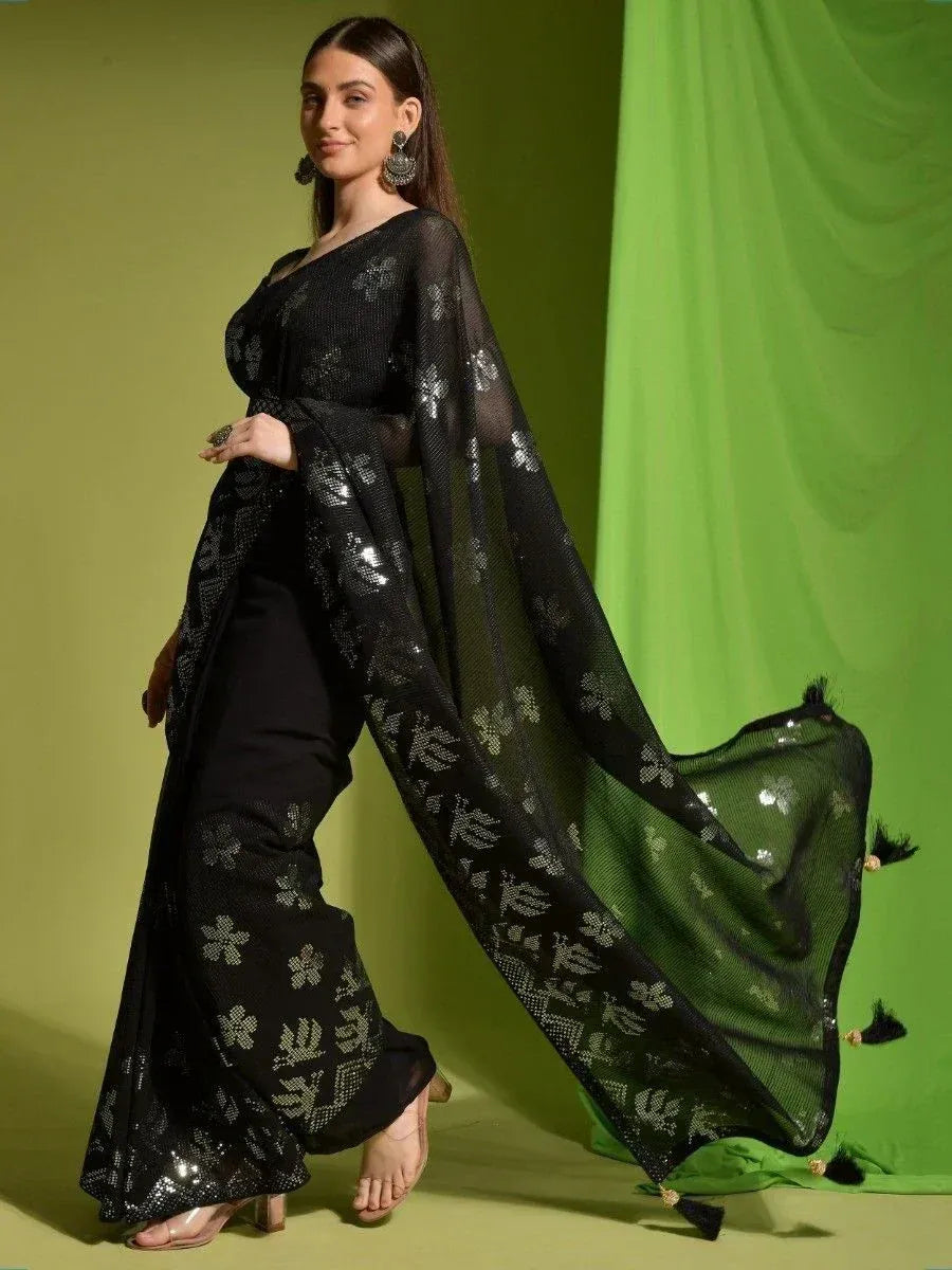 Black sequin embroidered palazzo suit with sheer dupatta, Indian ethnic wear for women