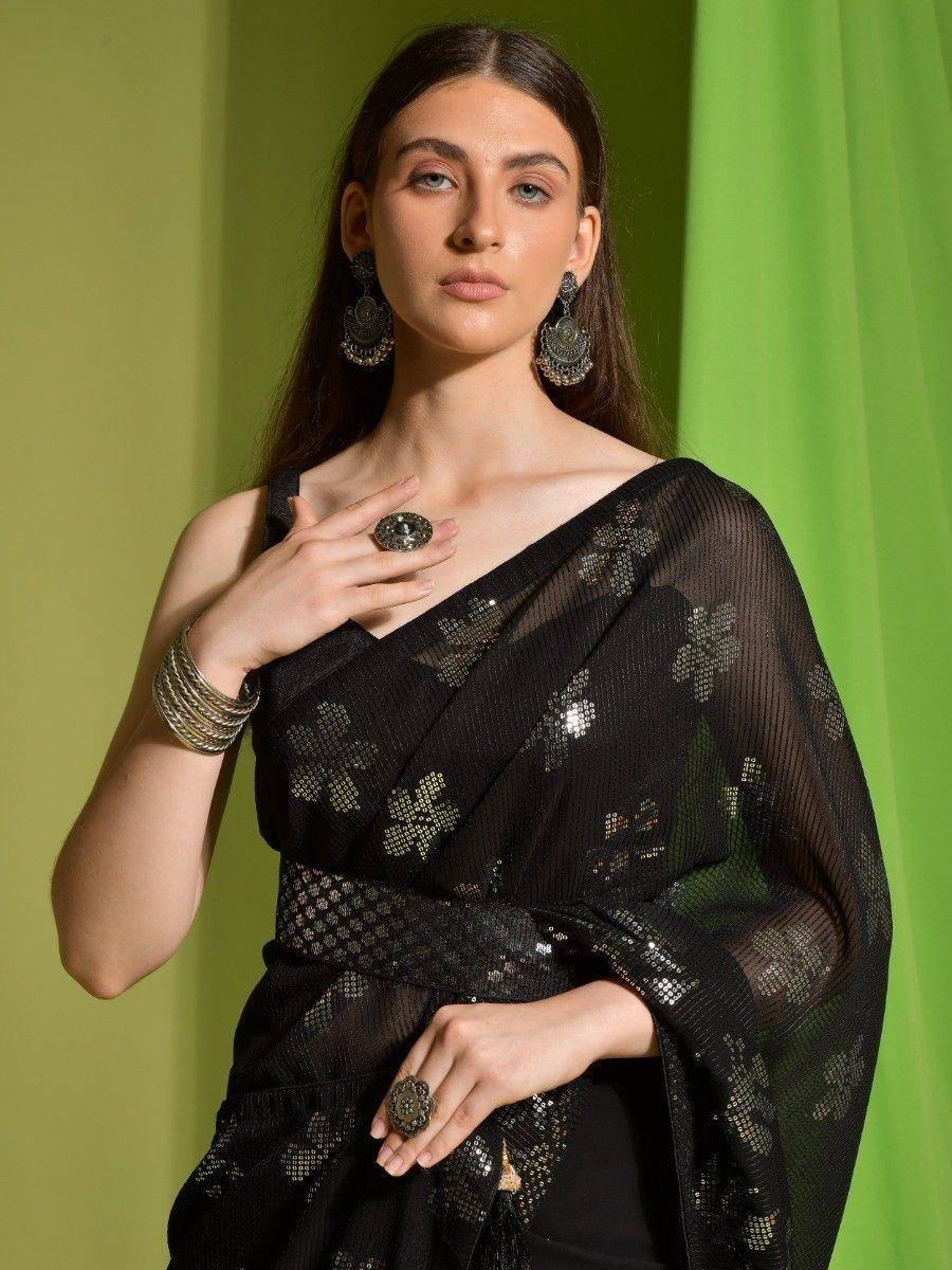Black sequin saree with floral pattern, ethnic Indian wear for women
