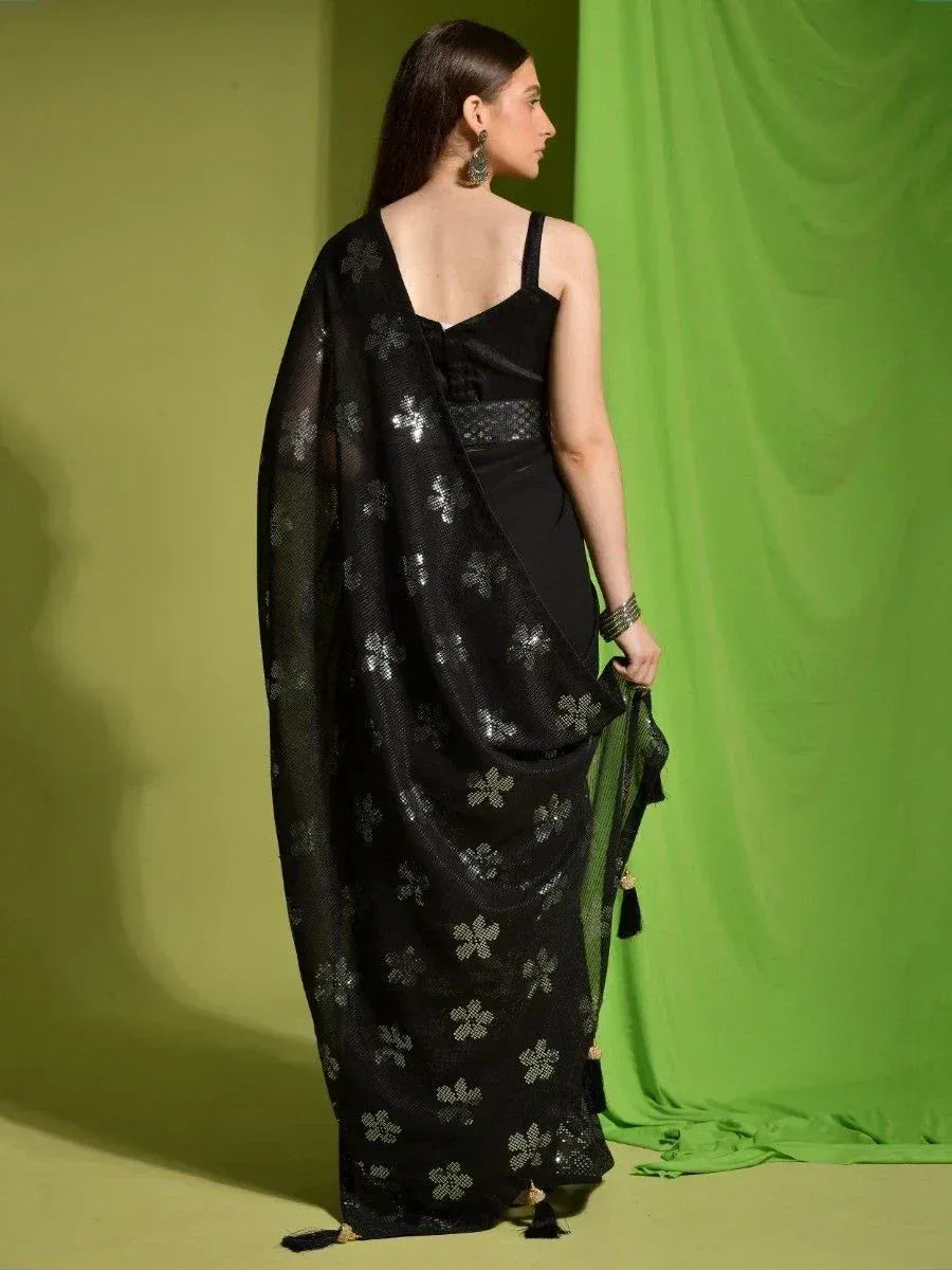 Black sequin floral saree with backless blouse, elegant Indian ethnic wear for women