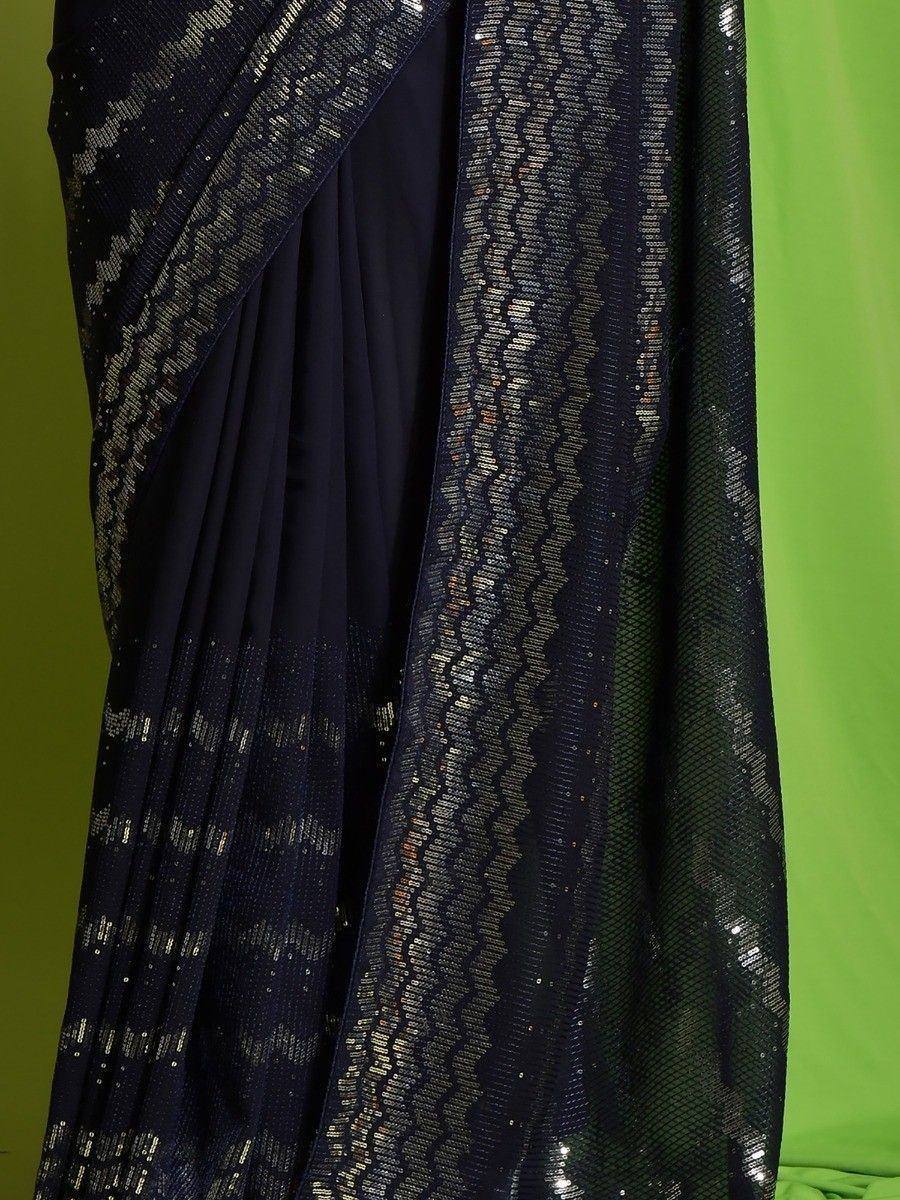 Navy blue saree with gold sequin embroidery, ethnic wear for women