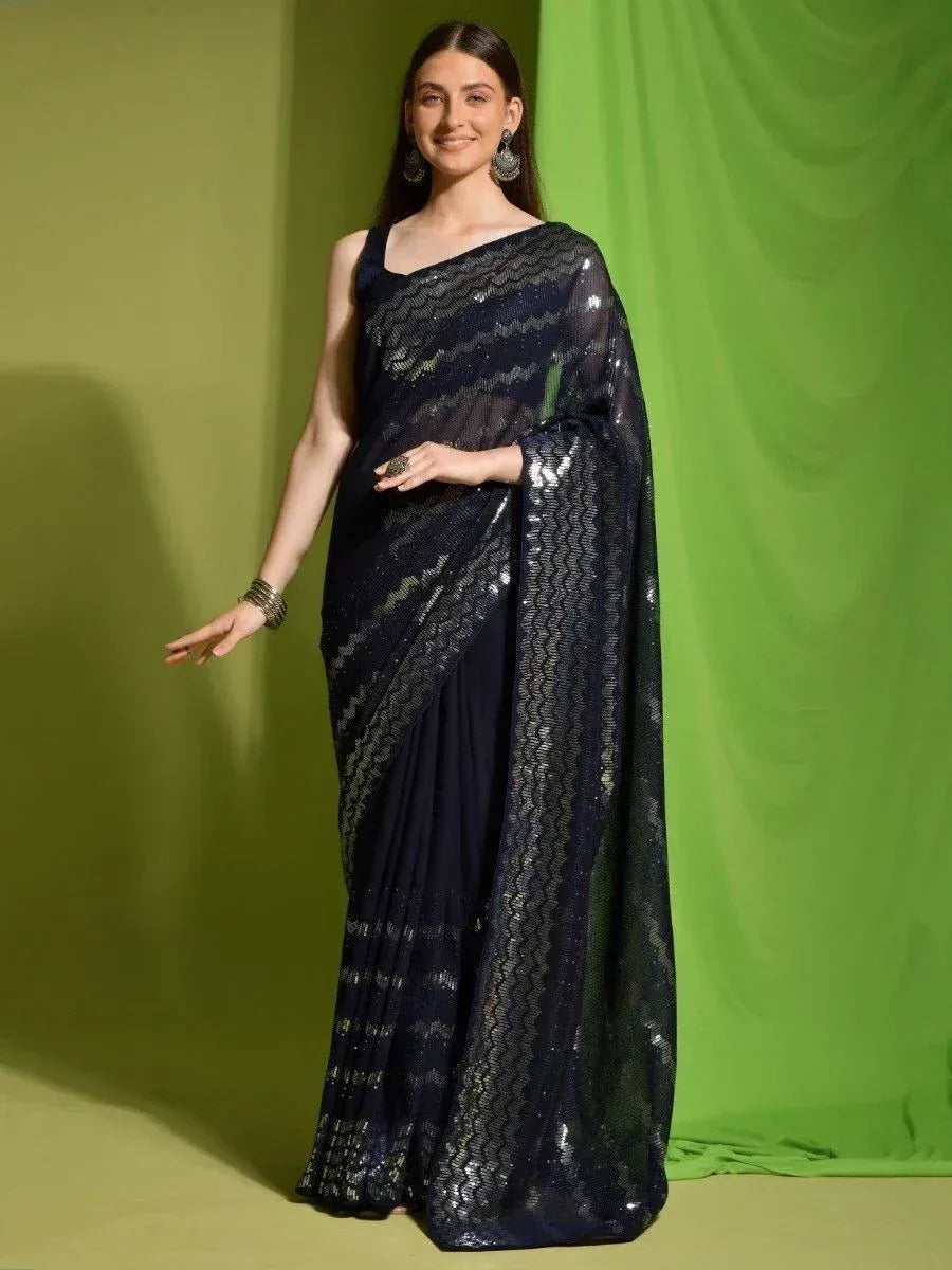 Navy blue sequin saree with wavy pattern, elegant ethnic wear for women