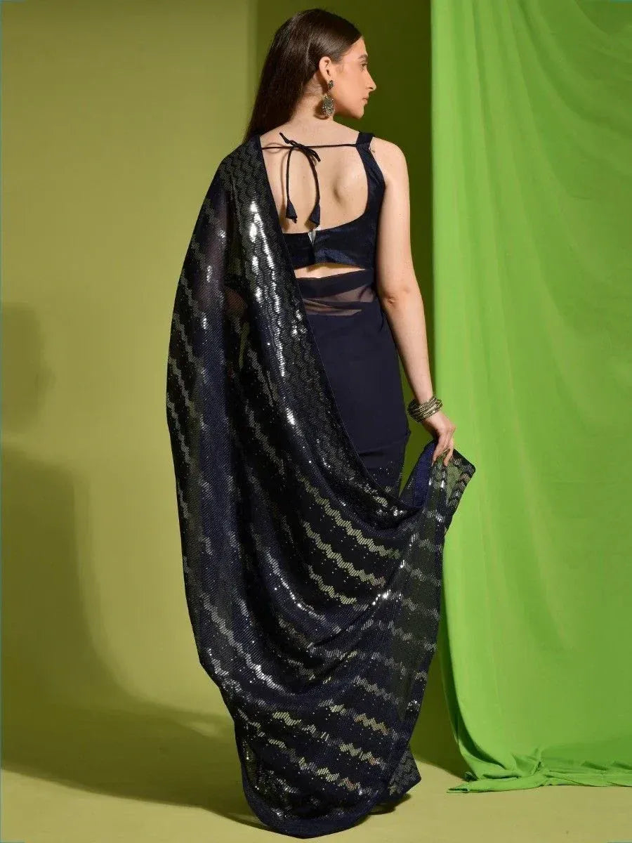Navy blue sequin saree with backless blouse, ethnic wear for women