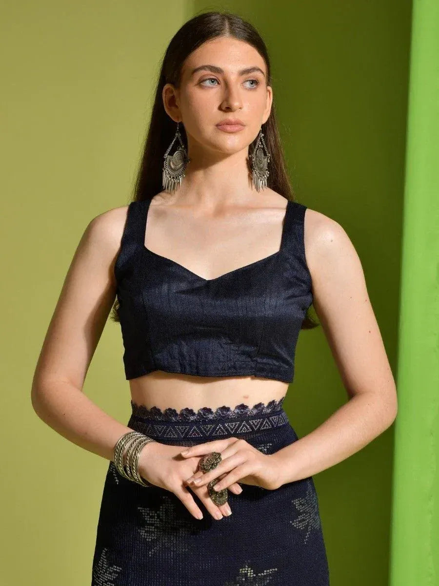 Navy blue ethnic crop top with matching skirt, traditional Indian wear for women