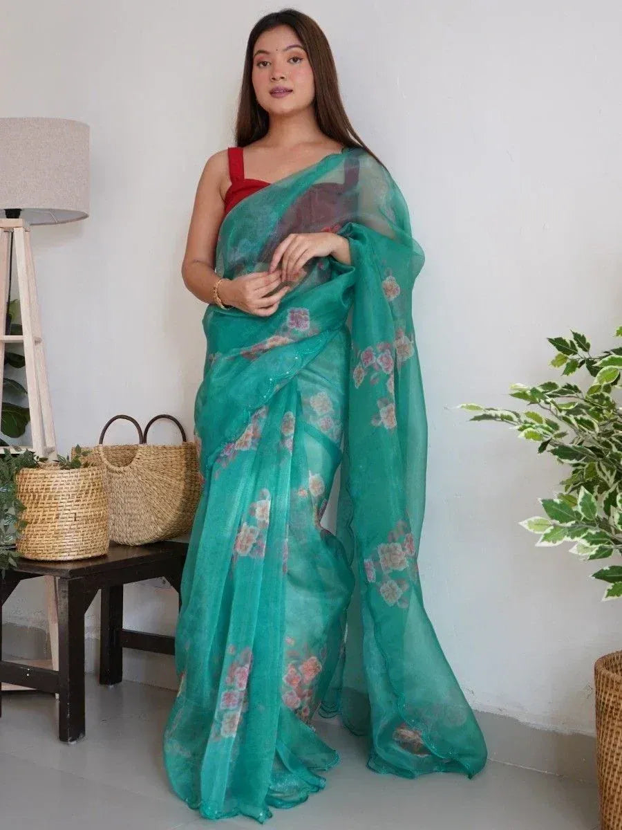 Teal floral saree with red blouse, Indian ethnic wear for women
