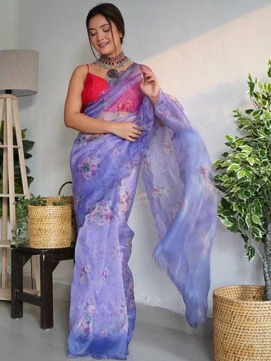 Enchanting Purple Floral Printed Organza Festival Wear Saree