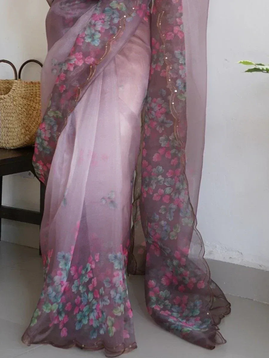 Elegant floral print saree with sheer overlay and sequin detailing, perfect for ethnic occasions