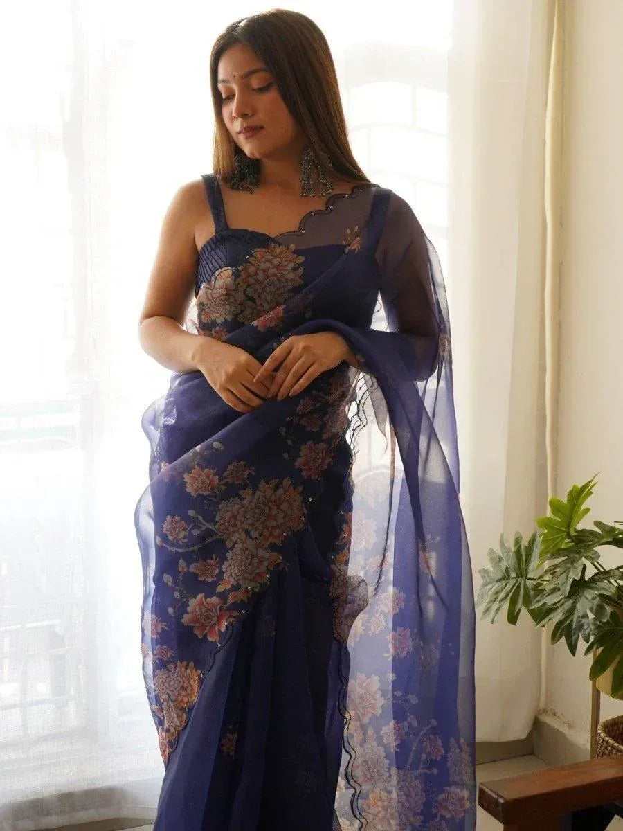 Navy blue floral saree with sheer blouse, elegant Indian ethnic wear for women