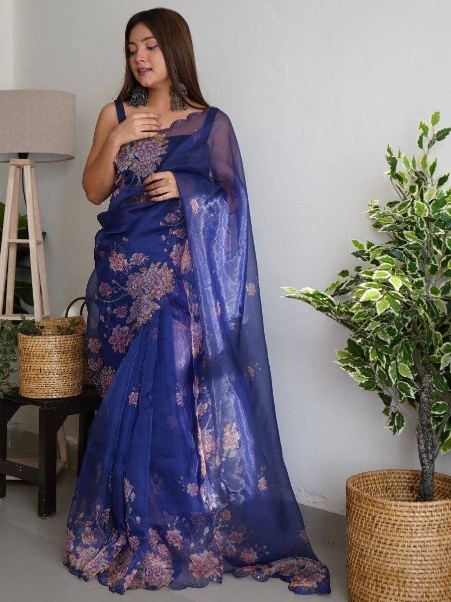 Blue floral print saree with sheer blouse, ethnic Indian wear for women