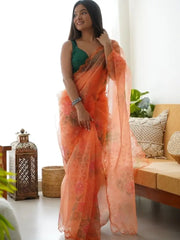 Outstanding Orange Floral Printed Organza Saree With Blouse