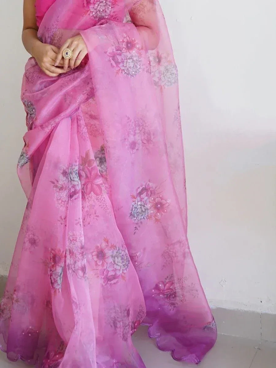 Pink floral printed saree with sheer dupatta, ethnic Indian wear for women