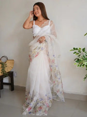 Majestic White Floral Printed Organza Cocktail Party Wear Saree