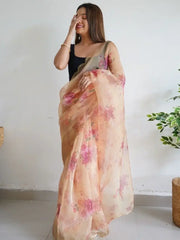 Wonderful Beige Floral Printed Organza Event Wear Saree With Blouse