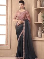 Lavish Grey & Peach Border Work Silk Reception Wear Saree With Blouse