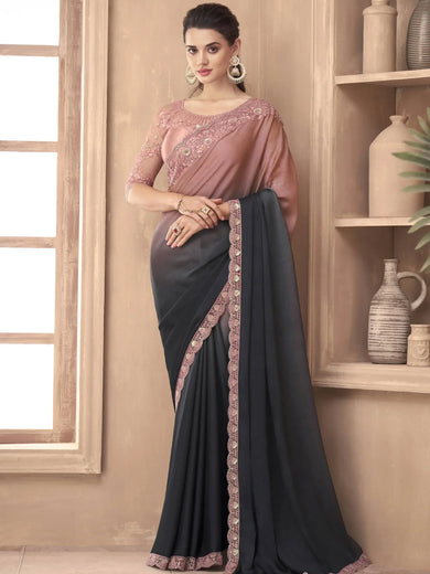Lavish Grey & Peach Border Work Silk Reception Wear Saree With Blouse