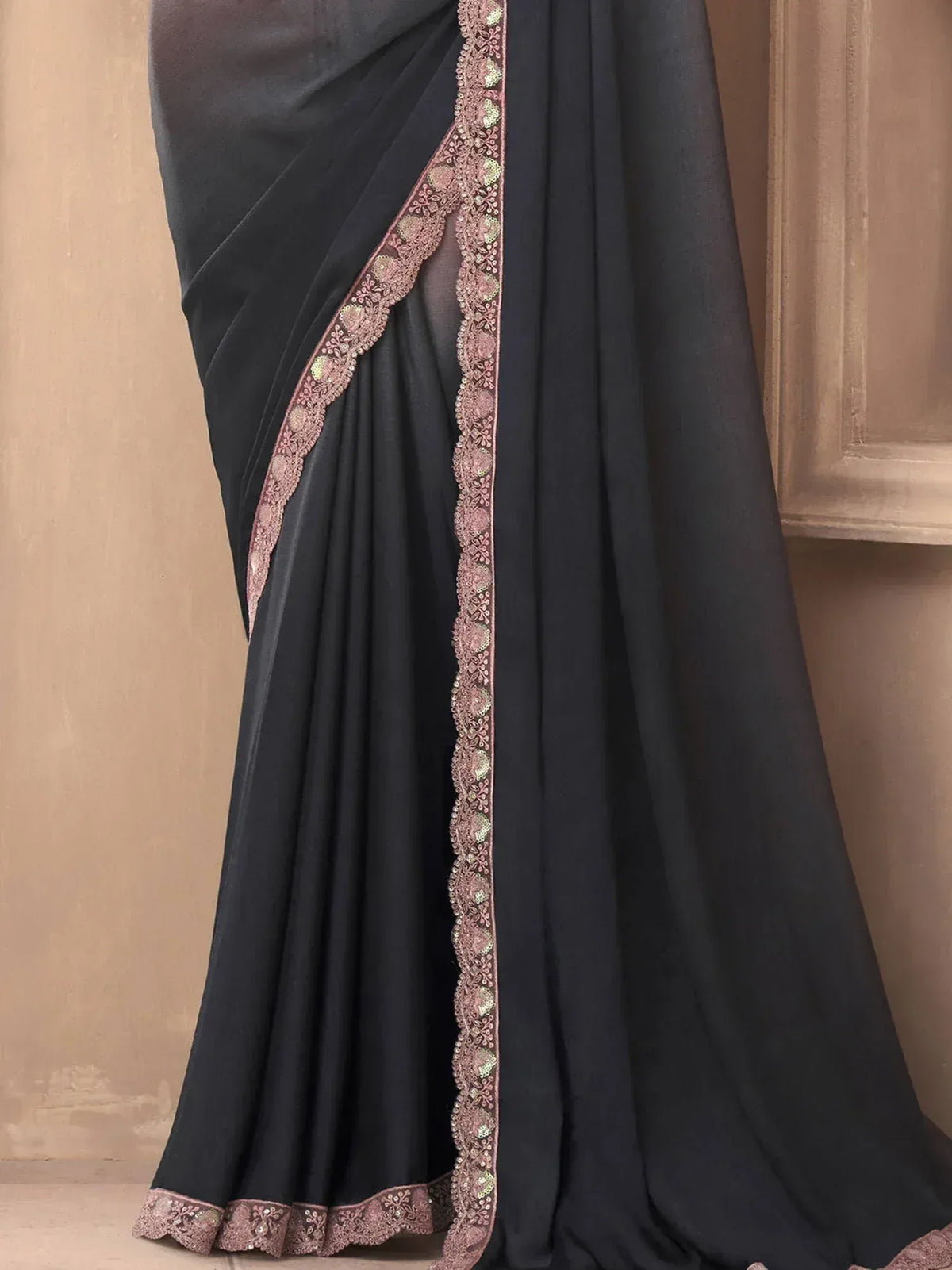 Black saree with pink gold embroidered border, ethnic Indian wear