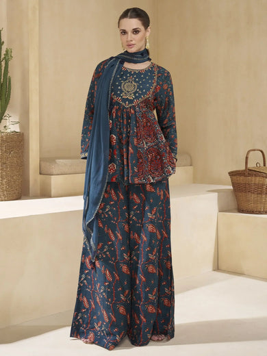 Astonishing Navy Blue Printed Silk Designer Peplum Top With Palazzo