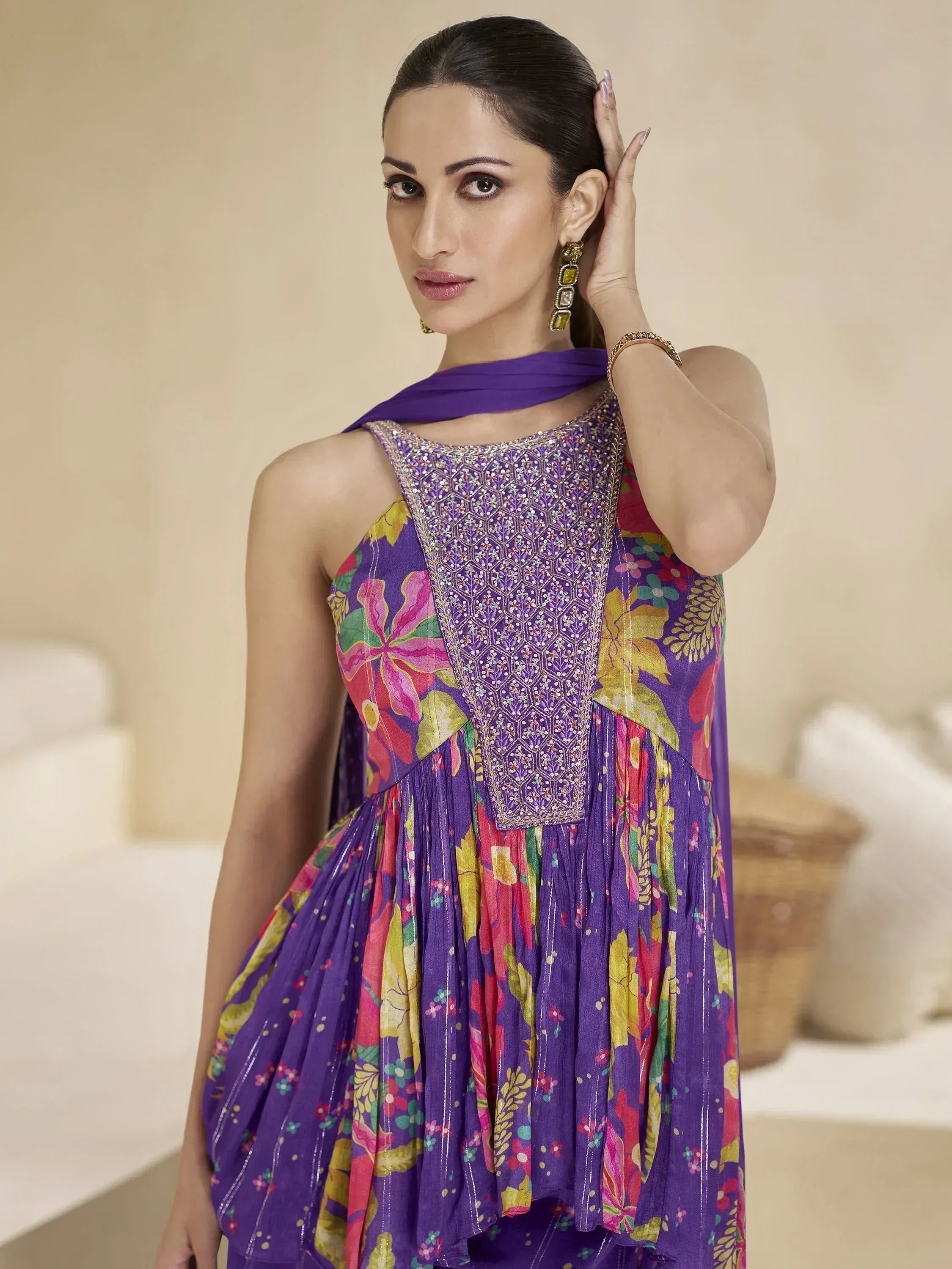 Purple floral printed ethnic gown with embroidered yoke and dupatta, perfect for Indian occasions