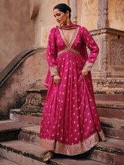 Adorable Pink Embroidered Jacquard Silk Event Wear Gown With Dupatta