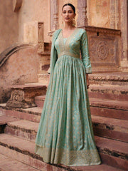 Precious Turquoise Embroidered Jacquard Silk Festival Wear Gown