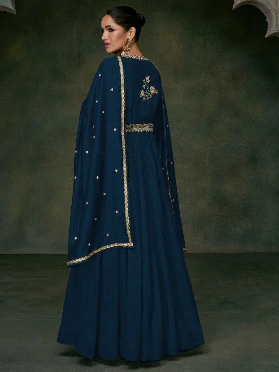 Navy blue embroidered anarkali suit with gold trim and floral detailing, perfect for ethnic occasions