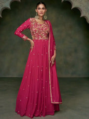 Captivating Pink Embroidered Silk Festival Wear Gown With Dupatta