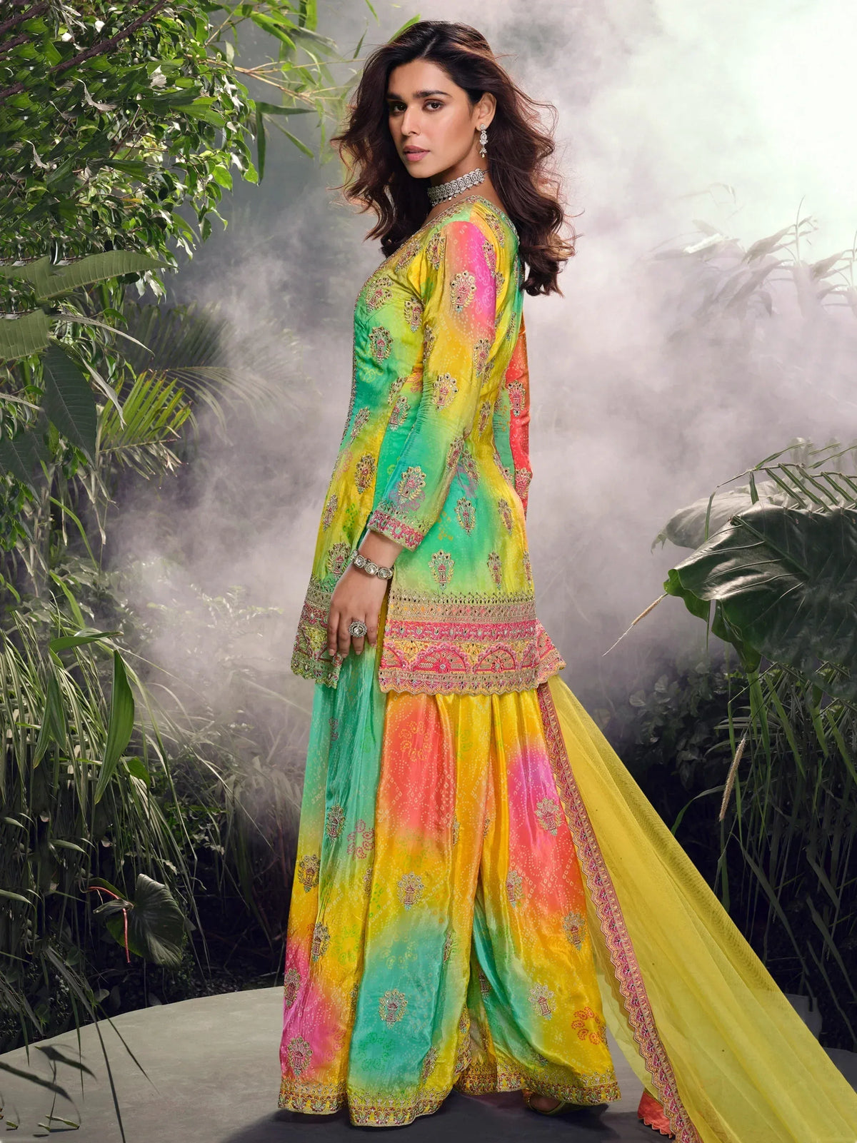 Vibrant multicolor embroidered salwar kameez with tie-dye pattern, perfect for Indian ethnic wear occasions