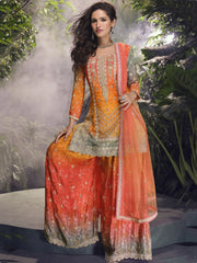 Charming Orange Zari Embroidered Chinon Silk Palazzo Suit With Dupatta