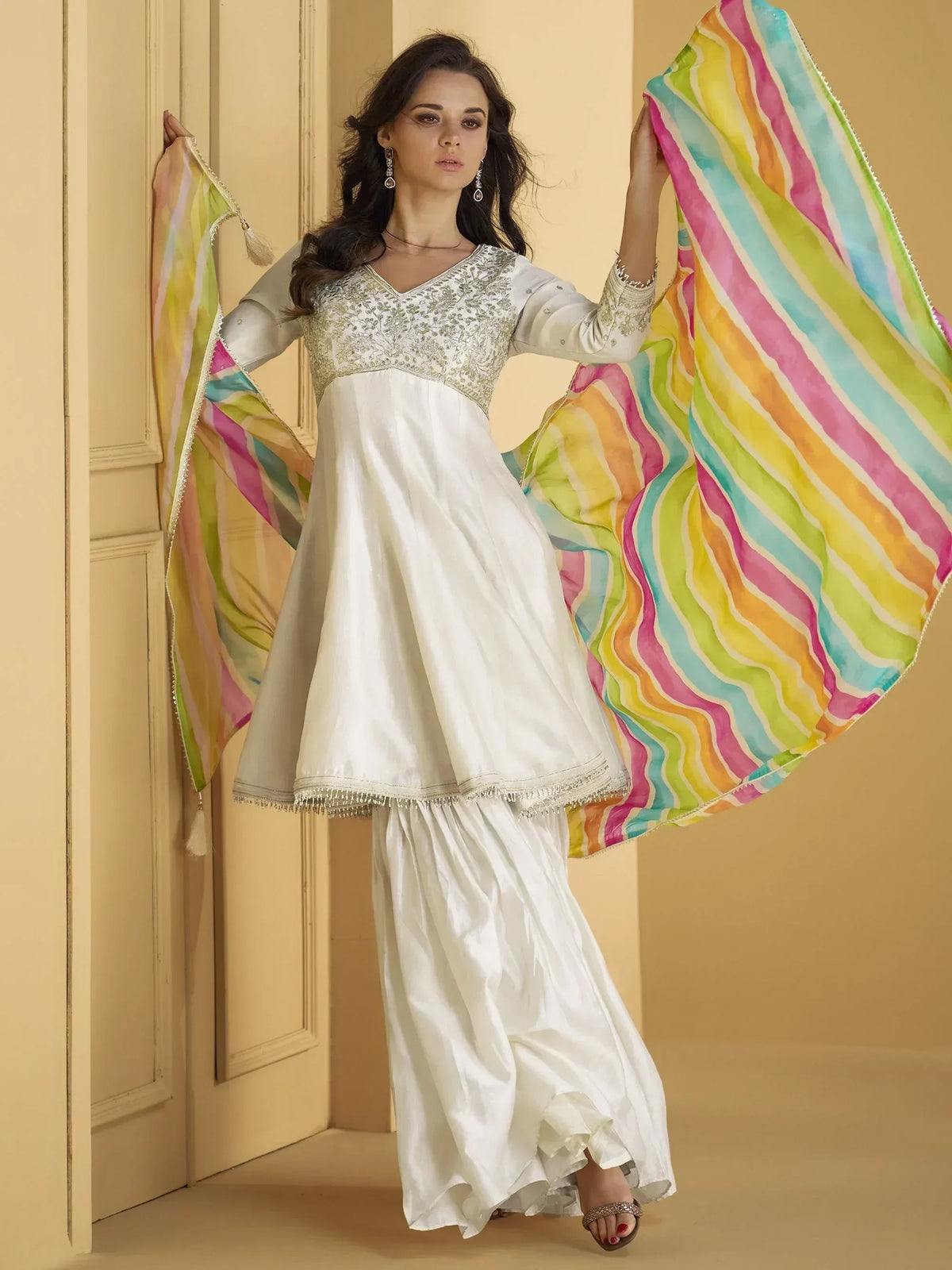 White embroidered anarkali with colorful striped dupatta, Indian ethnic wear for women