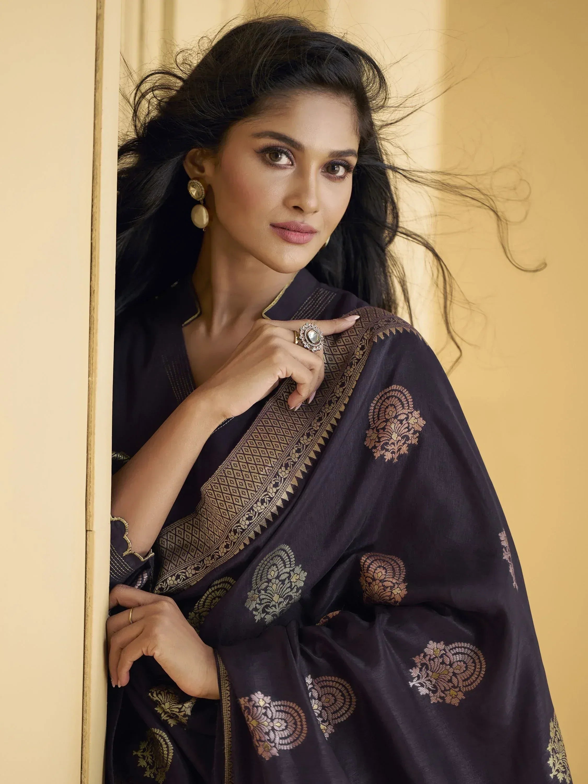 Elegant woman in dark purple embroidered saree with gold border, showcasing Indian ethnic wear style.