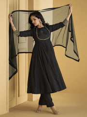 Astonishing Black Silk Event Wear Anarkali Suit Pant With Net Dupatta