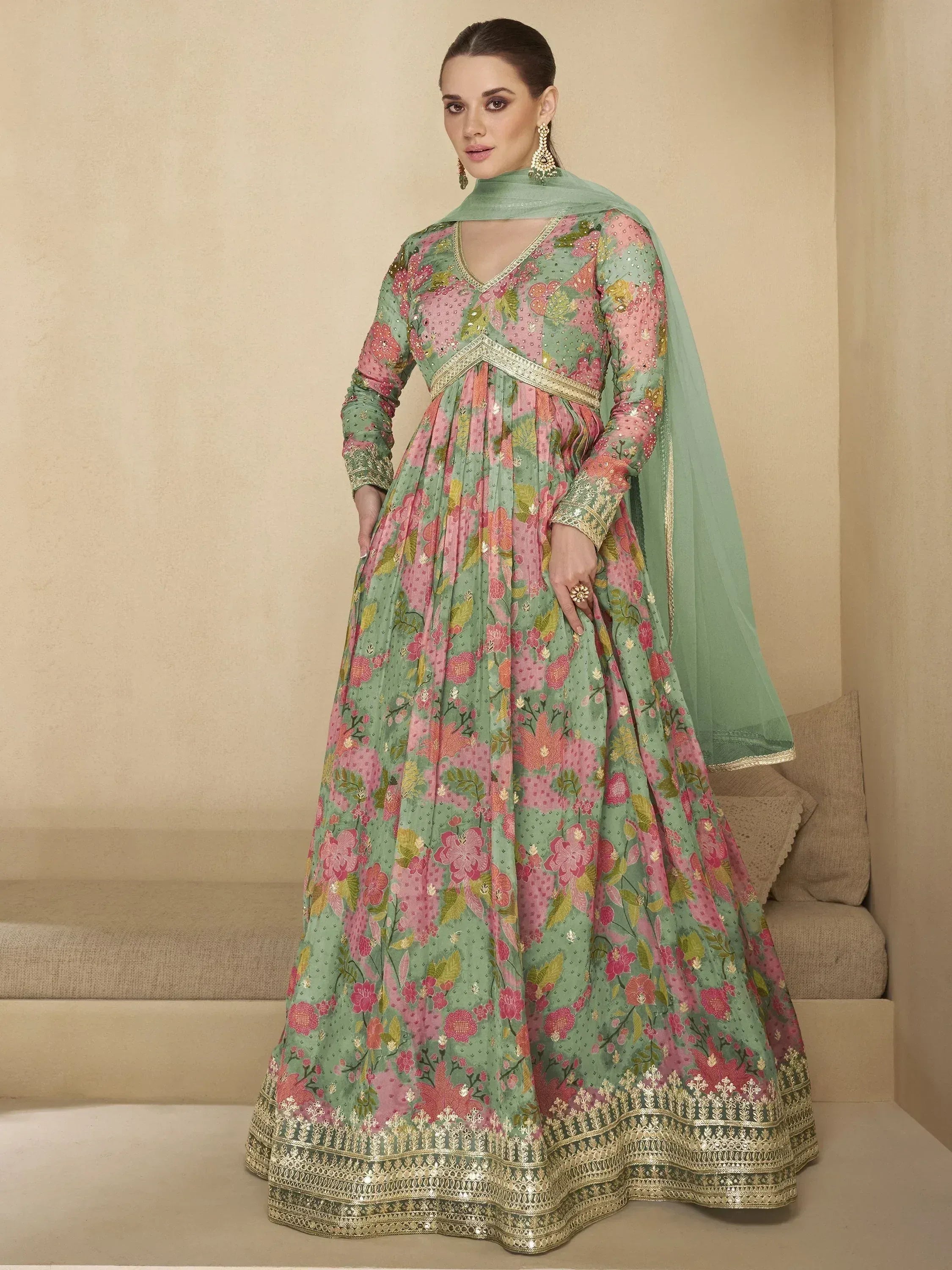 Green and pink floral printed anarkali suit with gold embroidery and dupatta, Indian ethnic wear
