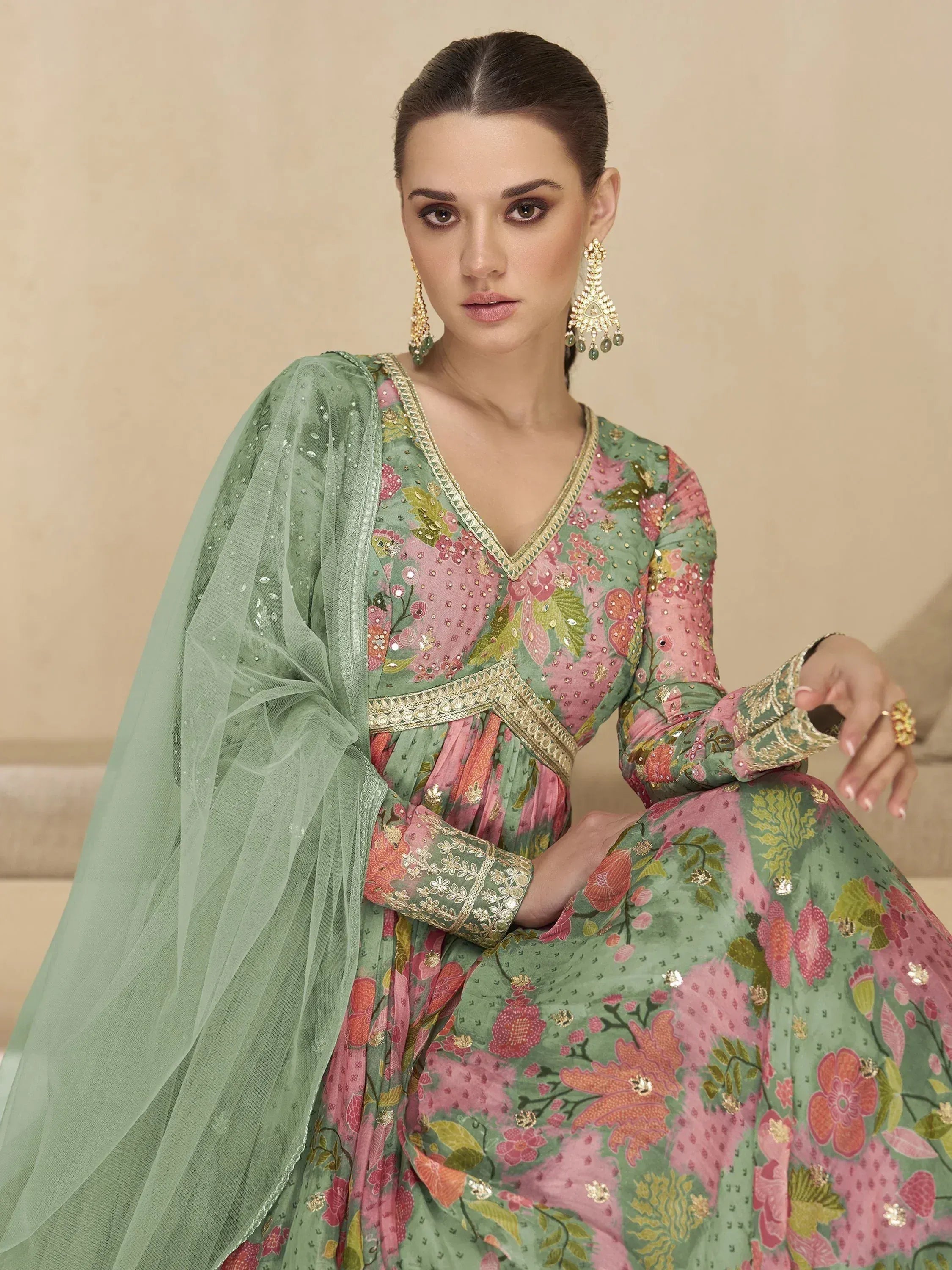 Green and pink floral embroidered salwar kameez with dupatta, ethnic Indian wear