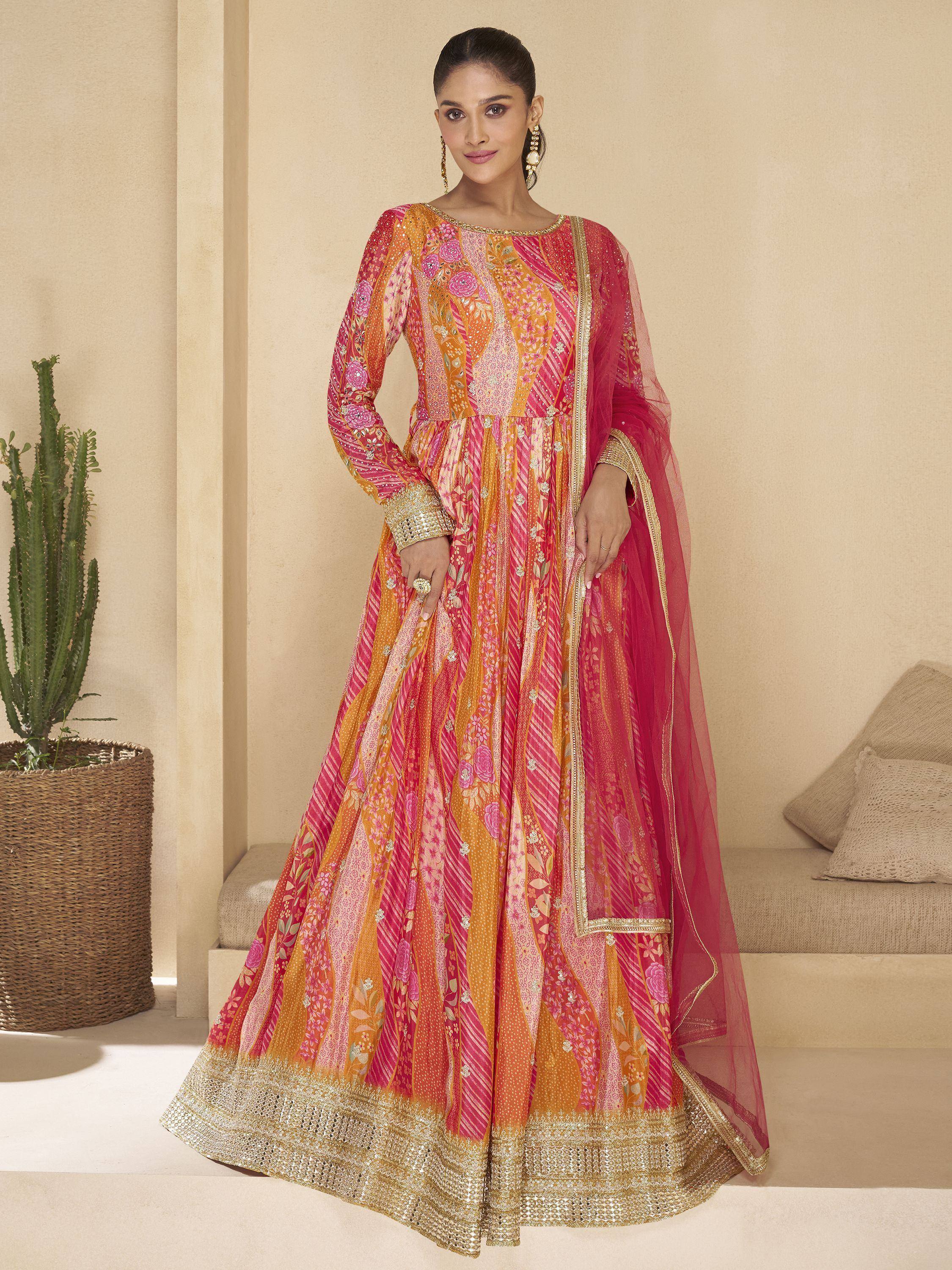Pink and orange floral print anarkali with gold embroidery and dupatta, Indian ethnic wear