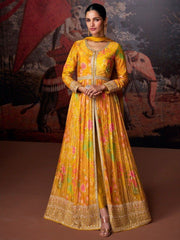 Woman in yellow floral embroidered Indian ethnic gown with gold details, Ethnic Plus fashion
