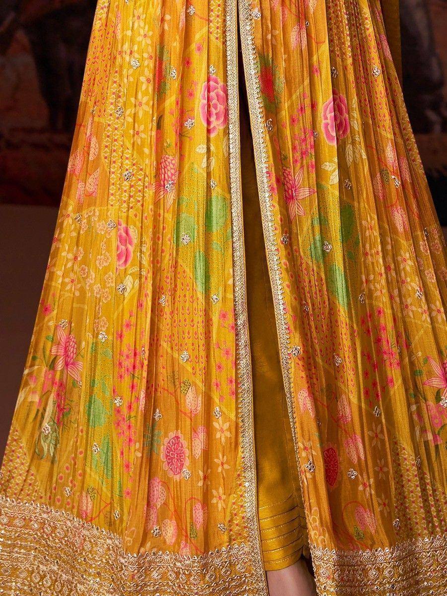 Yellow floral print lehenga with pink roses and gold embroidery, ethnic Indian wear