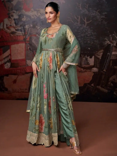 Charming Dusty Green Floral Printed Georgette Event Wear Pant Suit